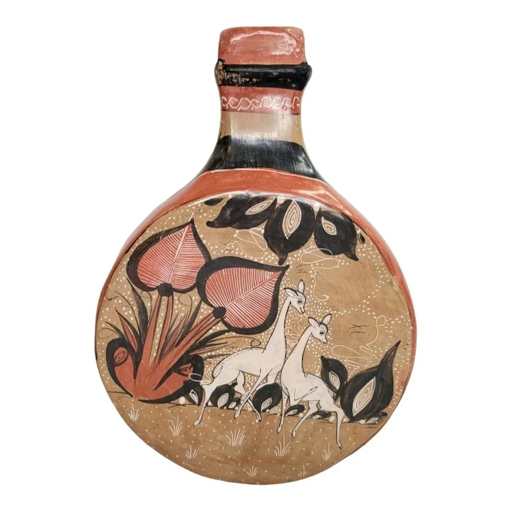 Mexican Folk Pottery Jug Tonala Vase Deer Birds Plants Hand Painted E Perez sign